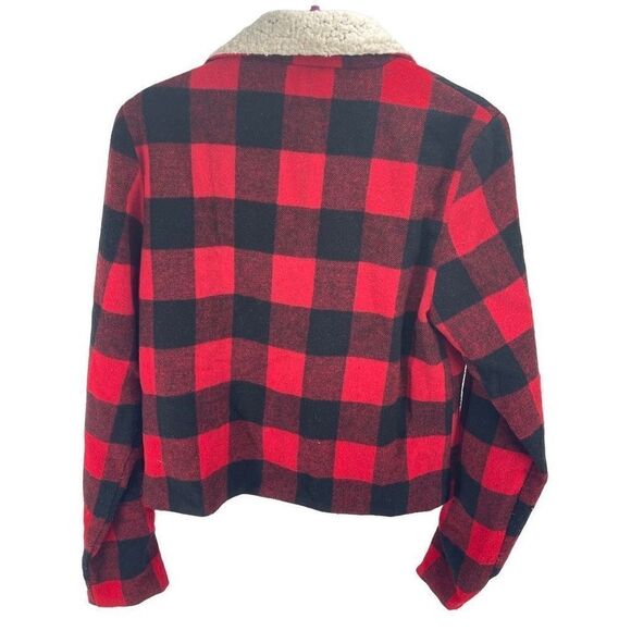 Dee Elle Vintage Red Buffalo Plaid Sherpa moto Jacket angle zip Medium - Picture 4 of 9